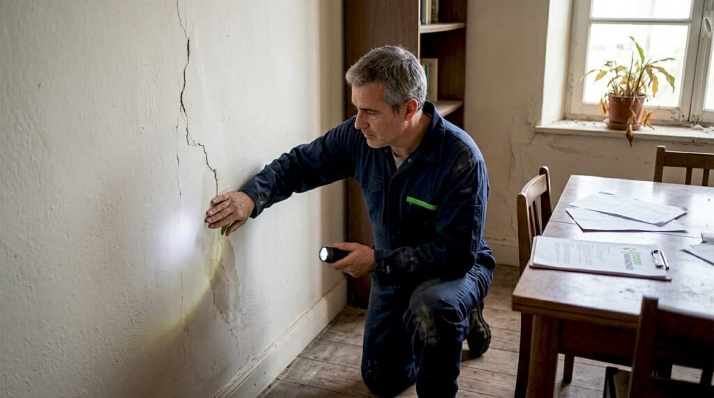 Especialista revisa y detecta problemas de humedad en la pared de una casa