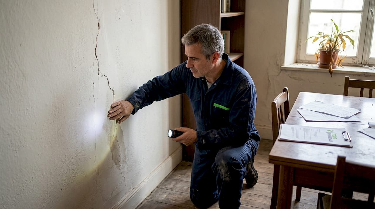 Especialista revisa y detecta problemas de humedad en la pared de una casa