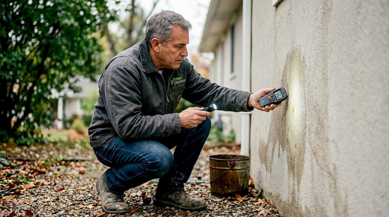 Un técnico inspecciona la pared exterior que presenta signos de humedad.