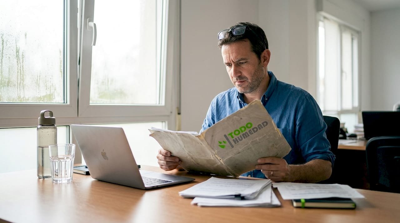 Empleado revisando documentos en una oficina donde se nota la humedad en las paredes.