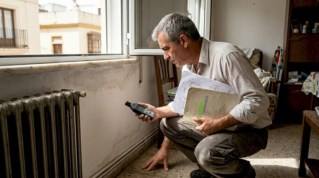 Un especialista revisa las humedades que han aparecido en la pared del salón.