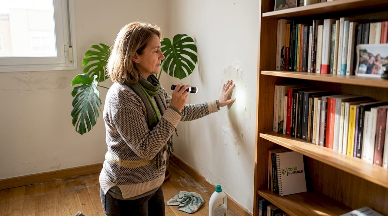 Mujer observando una mancha de humedad en la pared de su casa