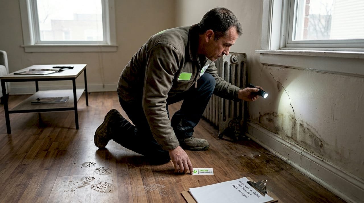 Especialista inspecciona una humedad en la pared
