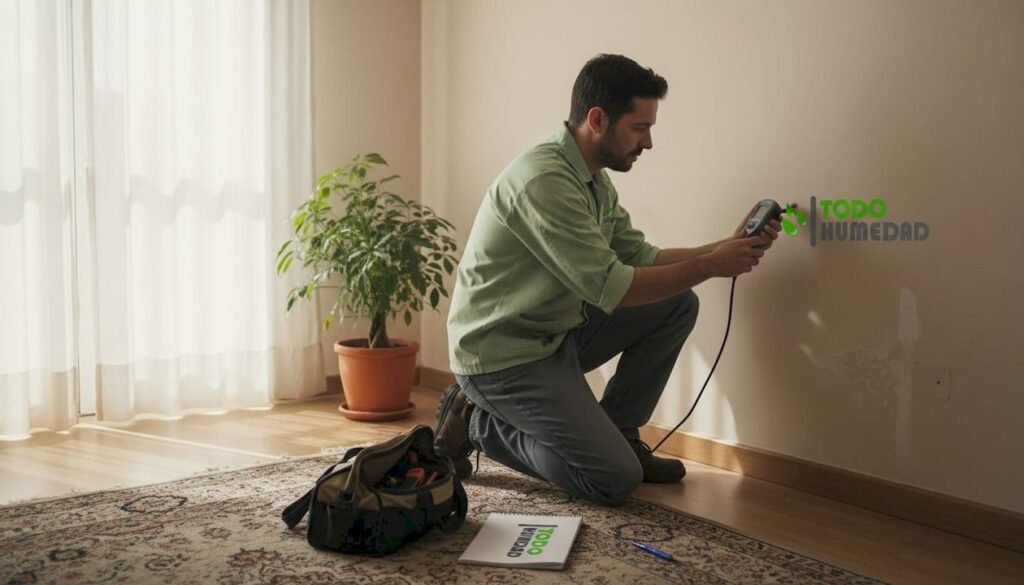 Especialista certificado inspeccionando problemas de humedad en una pared de casa