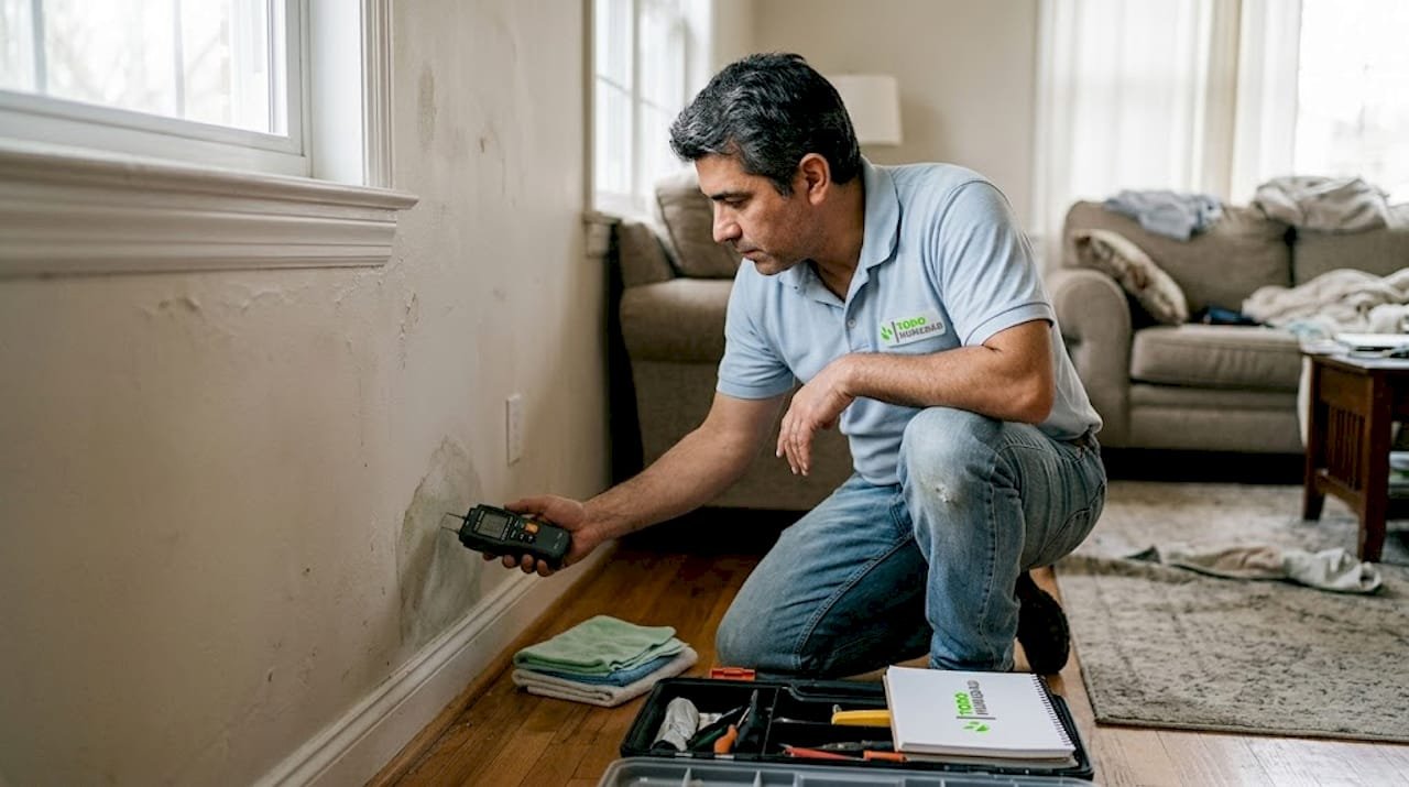 Un especialista inspecciona la pared del salón para detectar problemas de humedad.