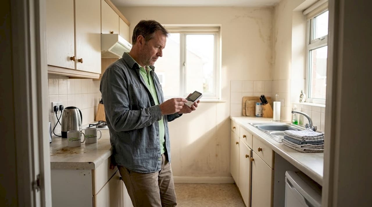 Hombre revisando las humedades en la cocina