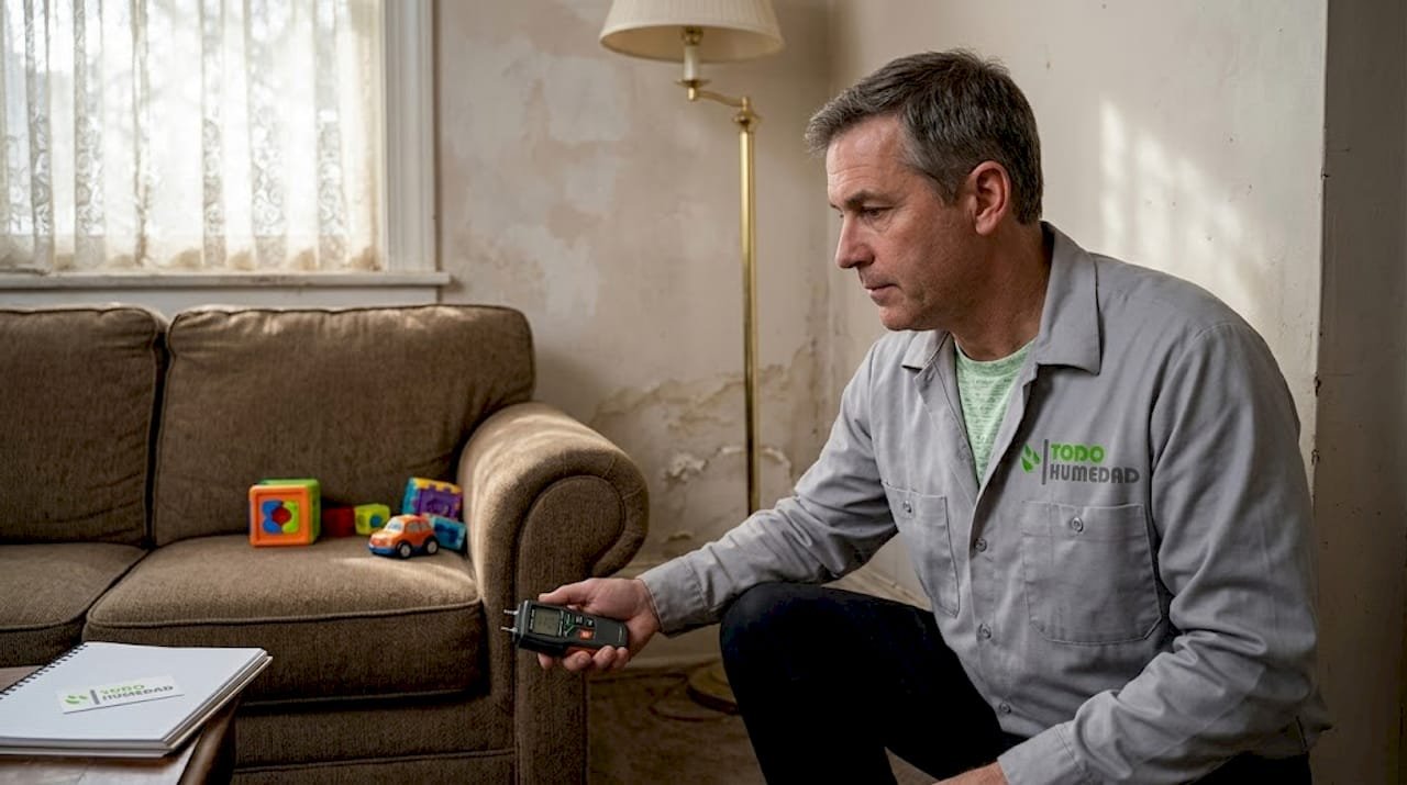 Un inspector revisa una pared húmeda para detectar posibles problemas de humedad.