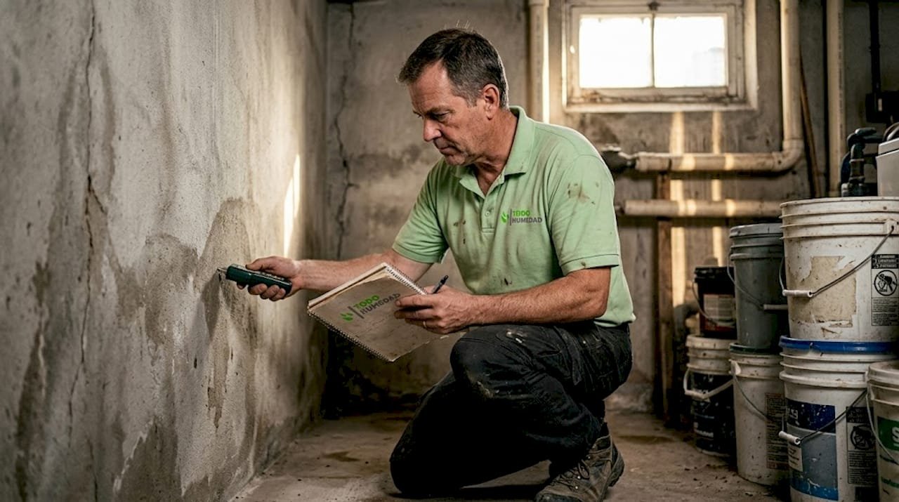 Especialista revisando la humedad en las paredes del sótano