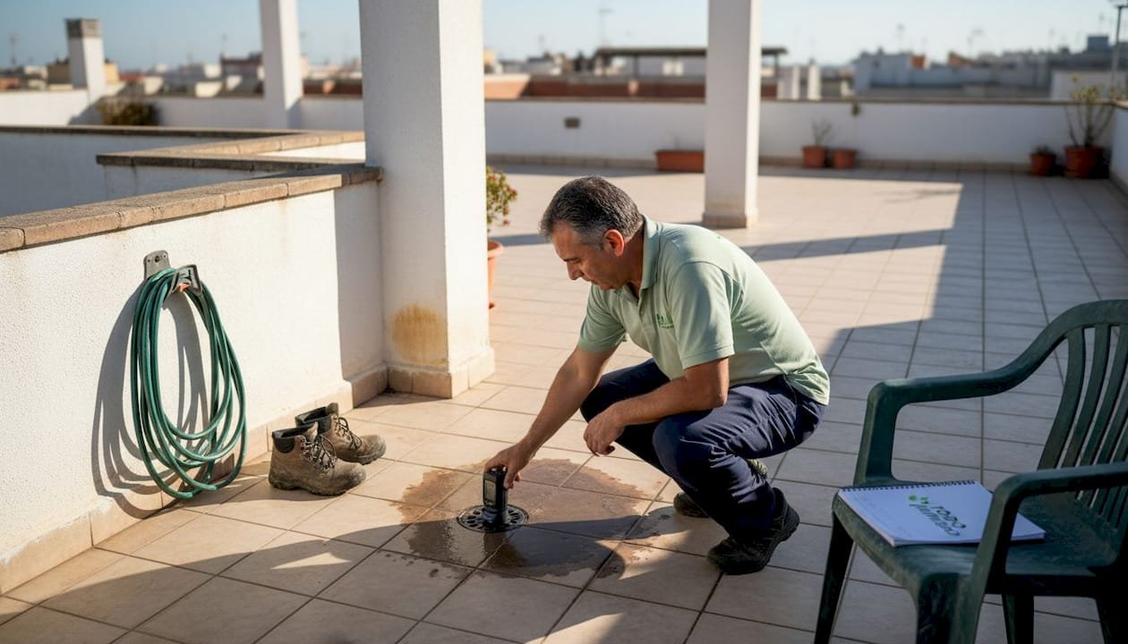 Un técnico revisa las humedades de la terraza utilizando un instrumento especializado.