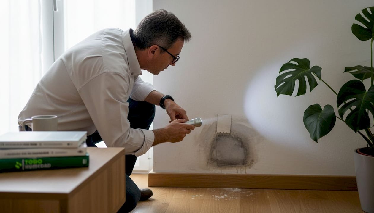 Un hombre revisa una mancha de humedad en la pared del salón.