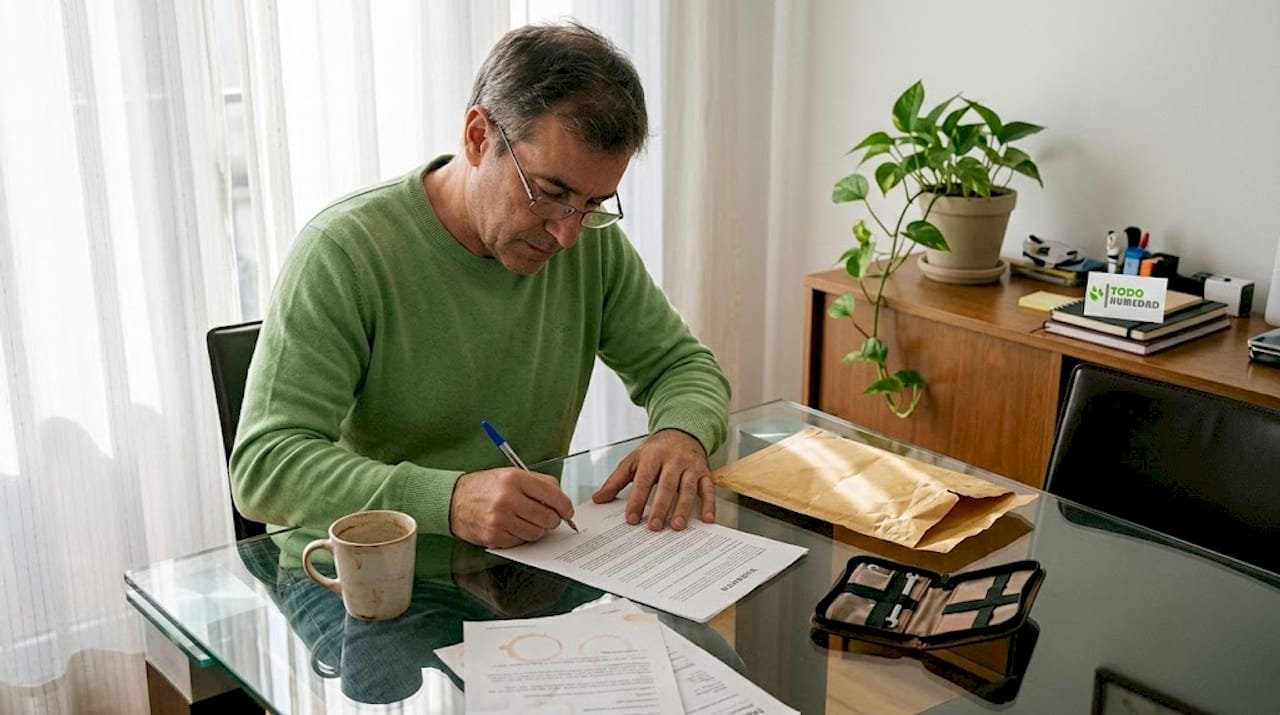 Una persona está firmando una garantía sentado en la mesa del comedor.