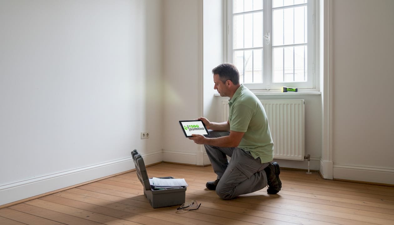 Especialista revisando problemas de humedad en una sala antigua