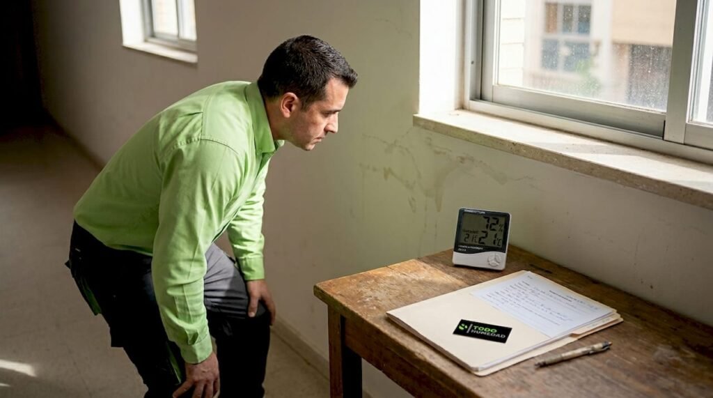 Especialista revisando filtraciones de humedad en un edificio