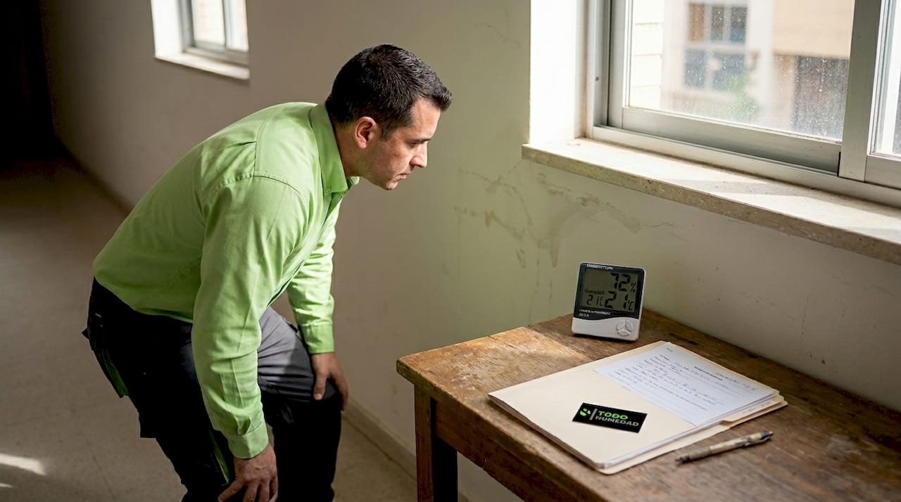 Especialista revisando filtraciones de humedad en un edificio
