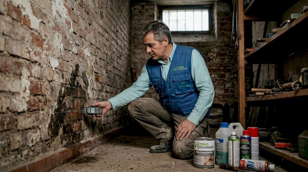 Técnico revisando humedad ascendente en vivienda