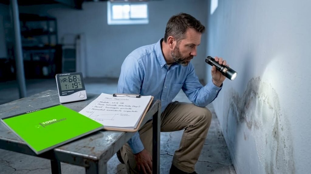 Especialista inspeccionando la humedad en una pared interior