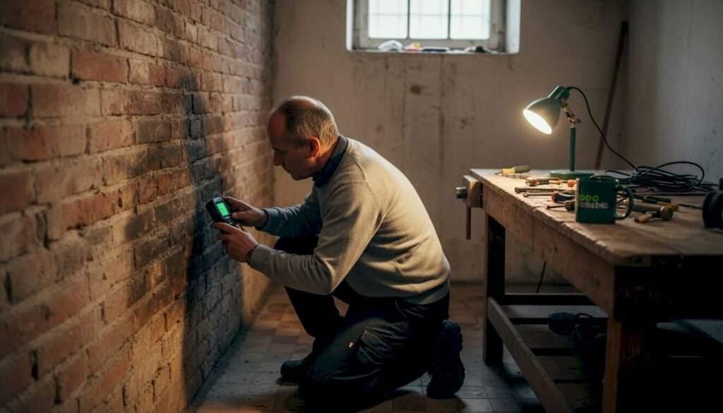 Un técnico está revisando las humedades que han salido en la pared del salón.