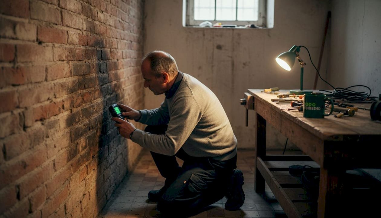Un técnico está revisando las humedades que han salido en la pared del salón.