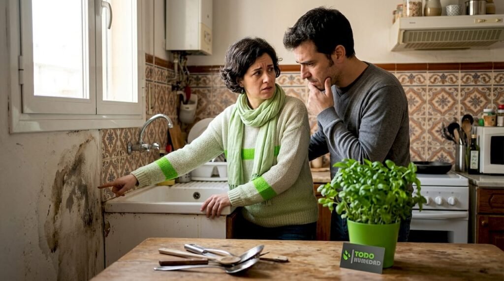 Una pareja observa preocupada las manchas de humedad que han aparecido en el salón de su casa.