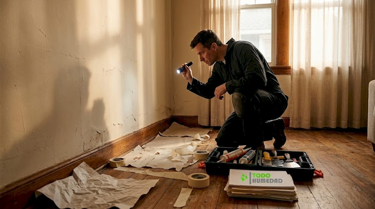 Especialista revisando una humedad en la pared de una vivienda