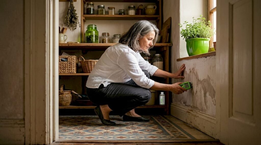 Dueña de la vivienda inspeccionando una mancha de humedad en la parte baja de la pared