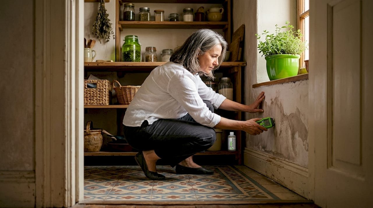 Dueña de la vivienda inspeccionando una mancha de humedad en la parte baja de la pared