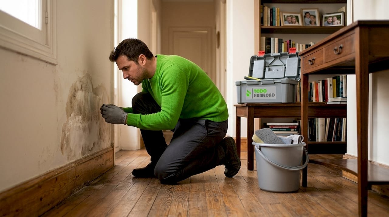 Persona revisando manchas de humedad en la pared del salón