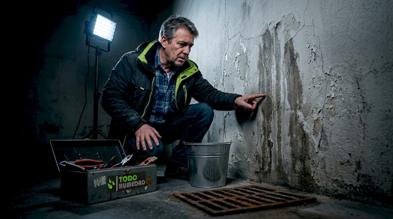 Propietario revisando manchas de humedad en la pared