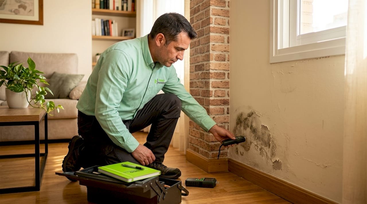 Un experto inspecciona una pared interior para detectar problemas de humedad.