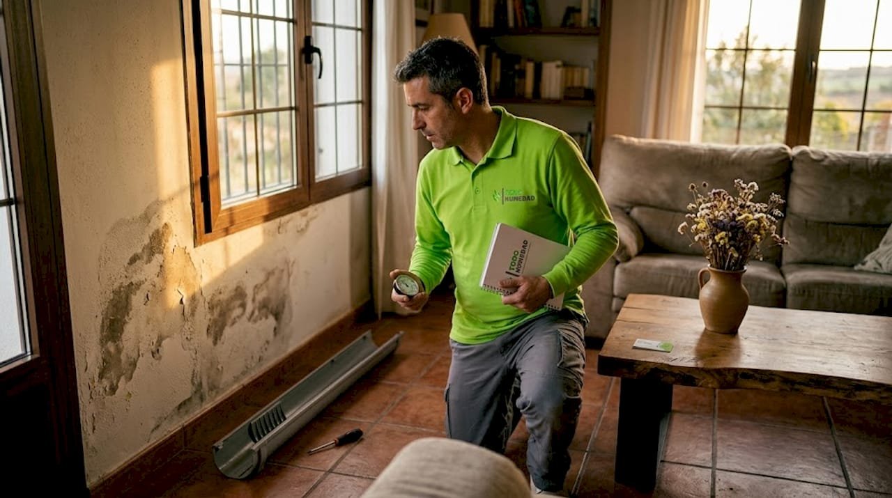 Especialista revisando la humedad en una pared interior
