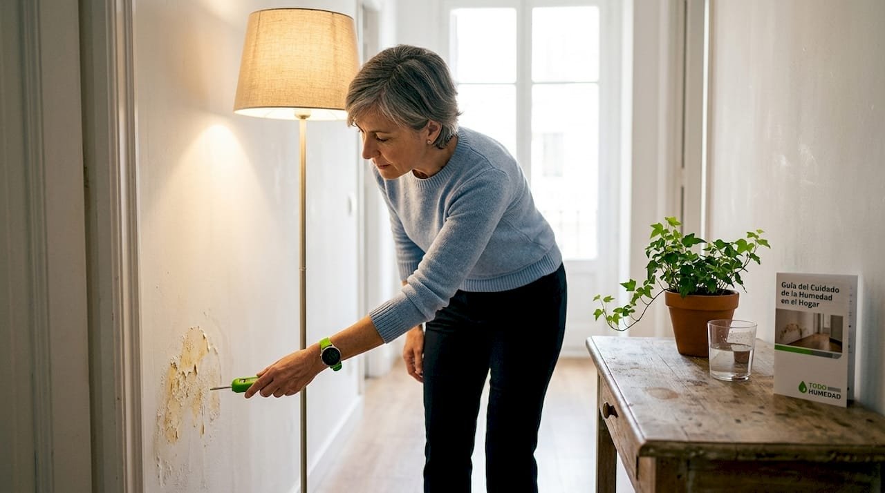 Mujer revisando una mancha de humedad en la pared de su casa