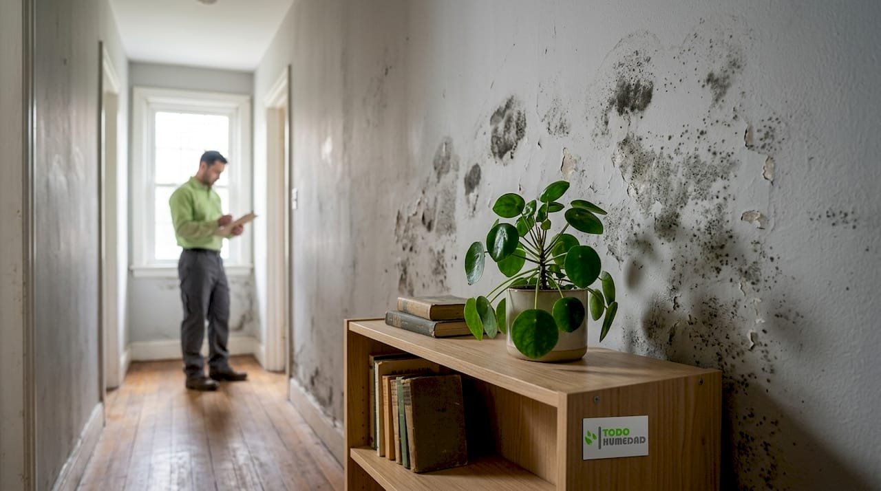 La pared del salón presenta manchas de humedad, lo que da un aspecto descuidado al interior de la casa.