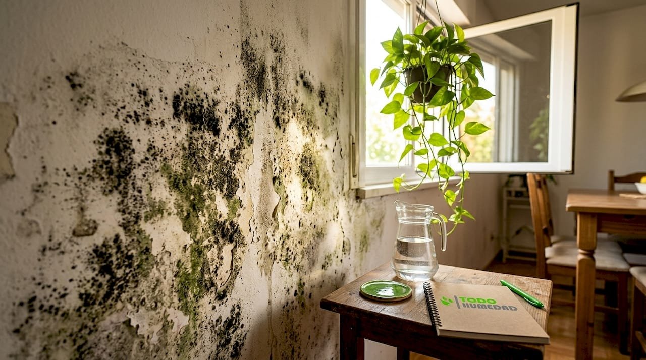 En una habitación bien iluminada se puede apreciar claramente una pared con manchas de moho.