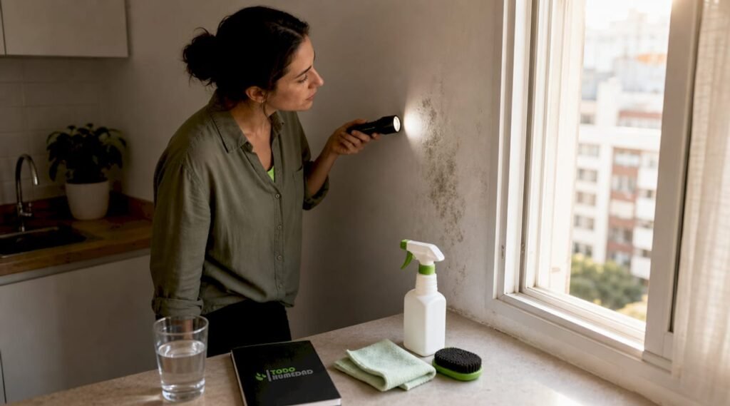 Mujer revisando manchas de humedad en una pared de su casa
