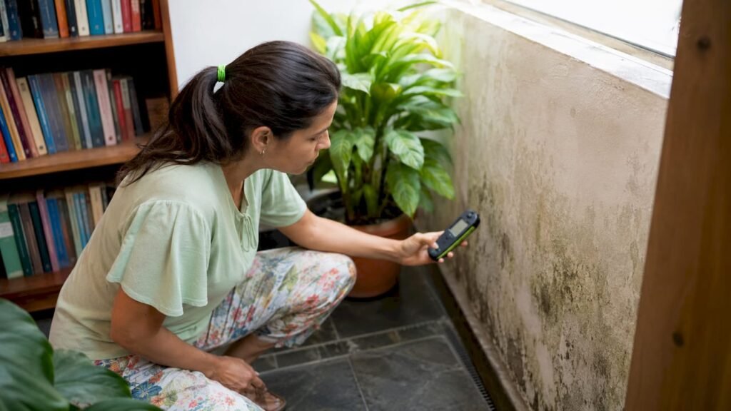 Una mujer utiliza un medidor de humedad en su dormitorio, donde ya se pueden ver manchas de humedad en las paredes.
