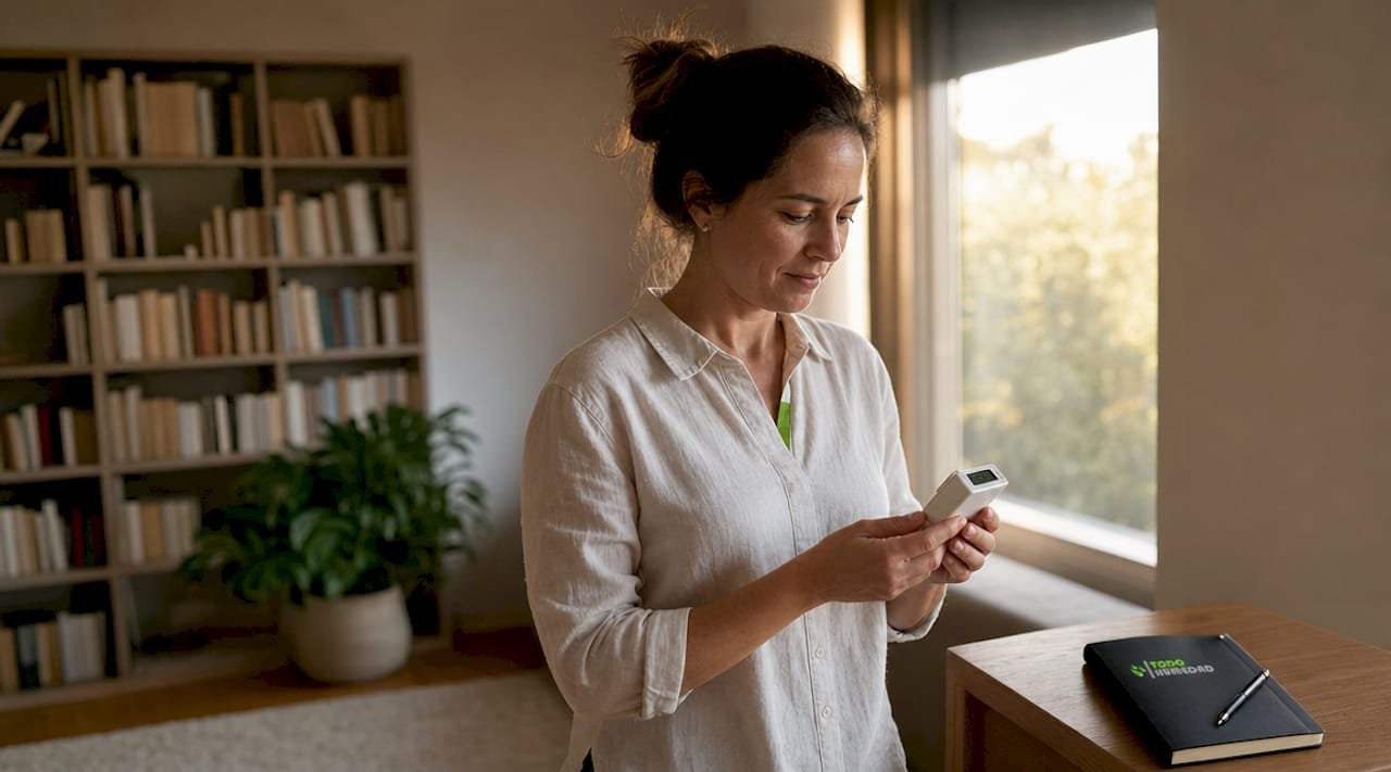 Mujer comprobando el nivel de humedad en el interior de su casa