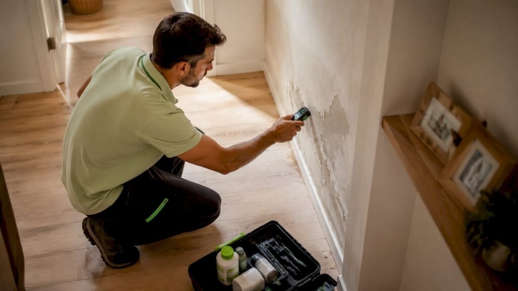 Profesional realizando una medición de humedad en la pared