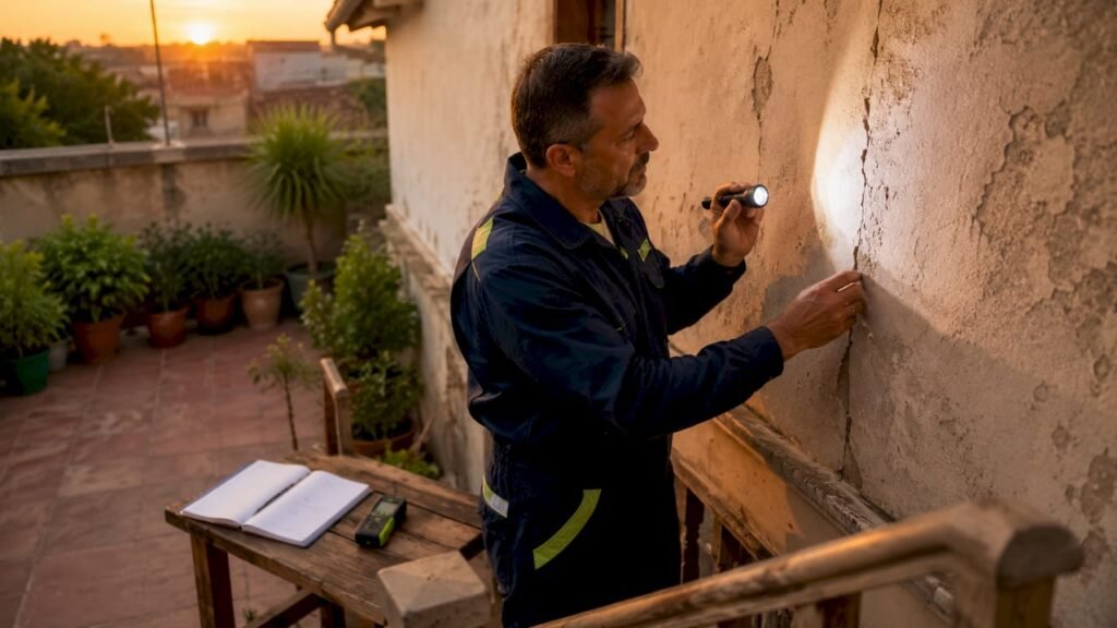 Un especialista revisa la pared interior para detectar problemas de humedad.