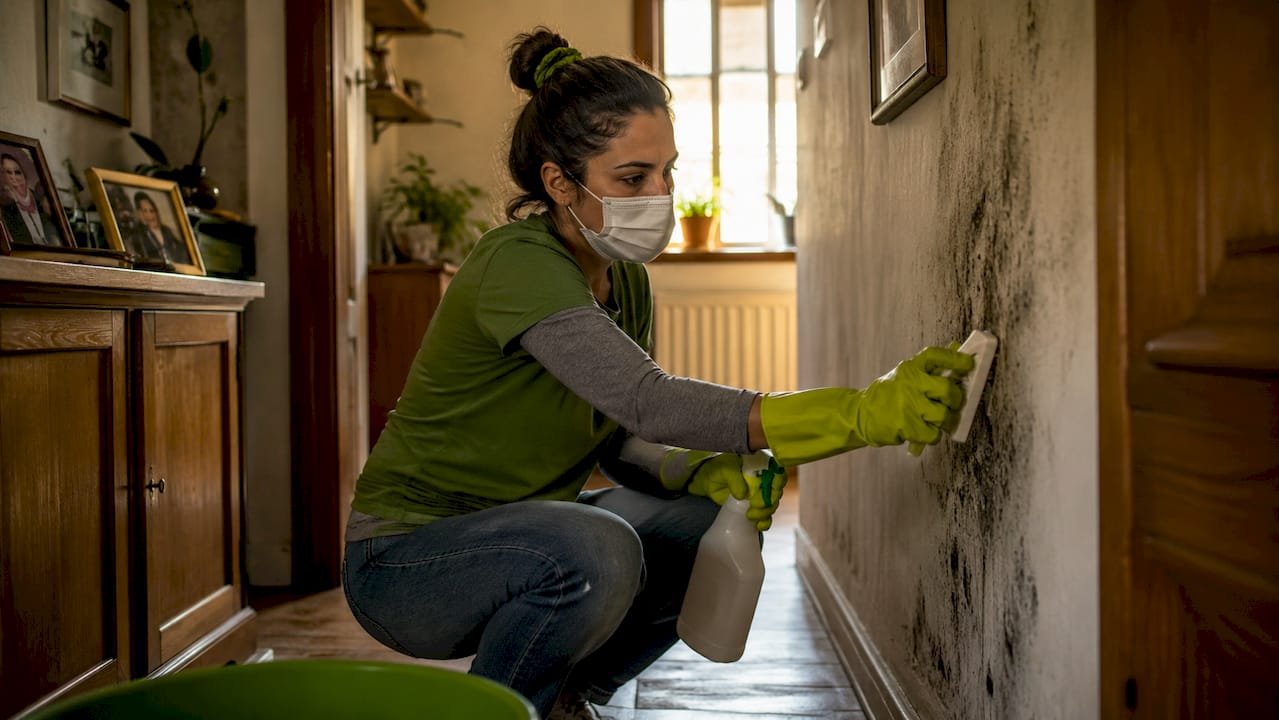 Una mujer elimina manchas de moho de la pared interior de su casa.