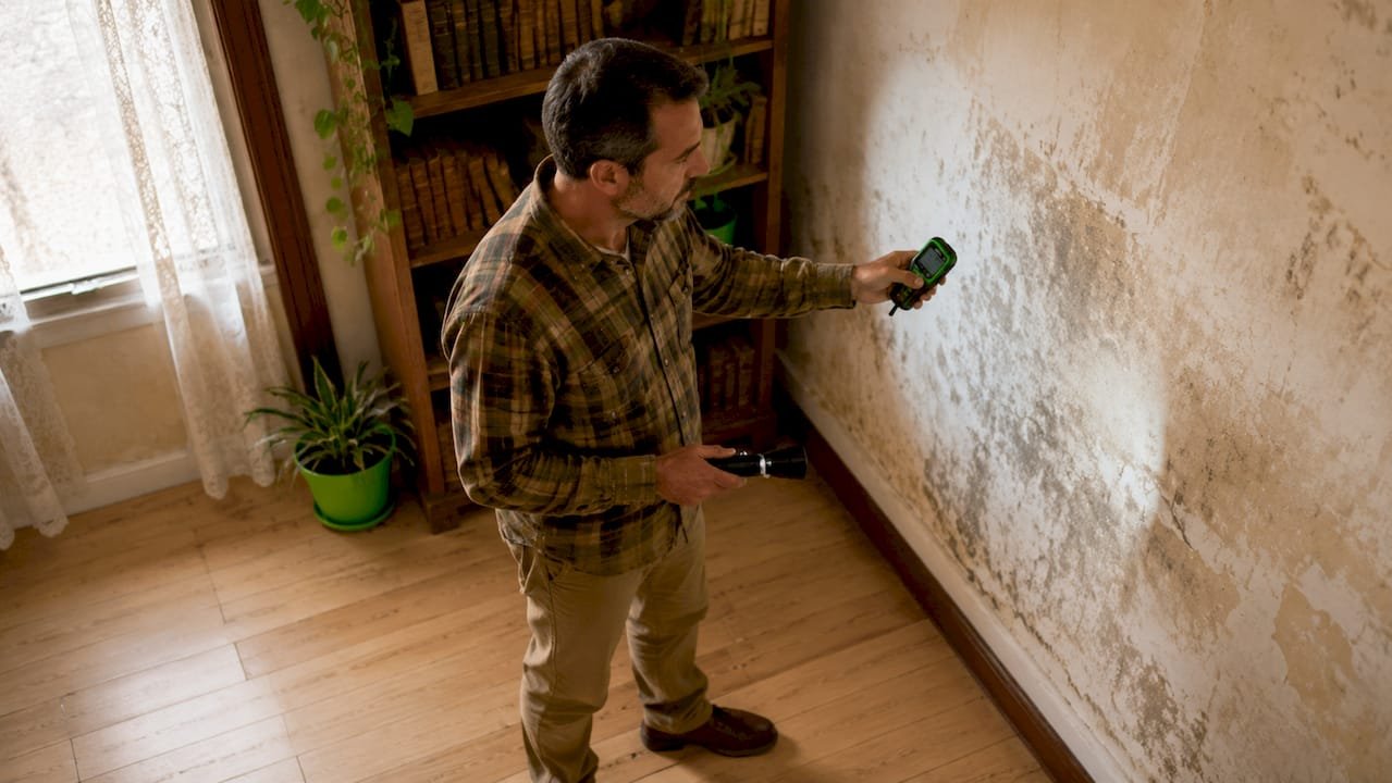 Un hombre revisa la humedad de una pared dentro de su casa.