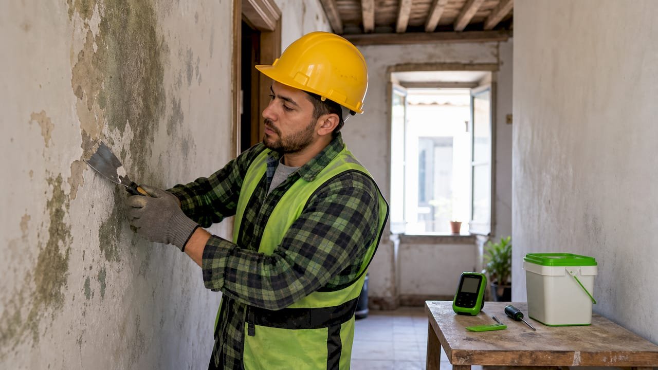 Especialista revisando la presencia de humedad en una pared interior
