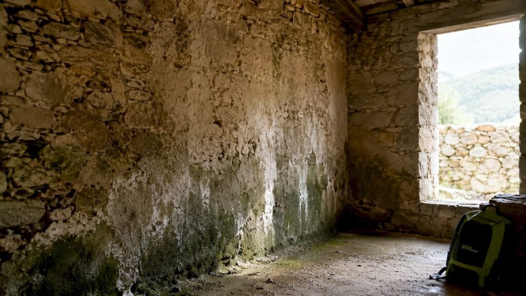 Ejemplo de cómo la humedad asciende por capilaridad en un muro de piedra antiguo
