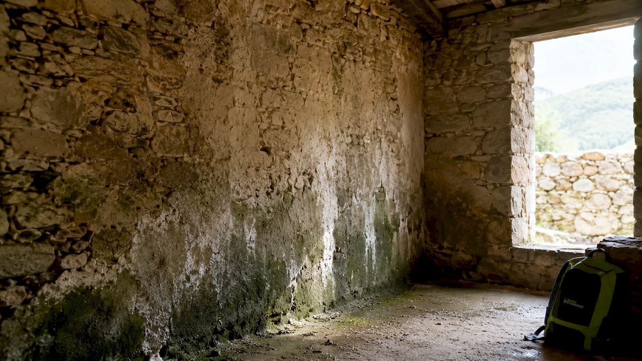 Ejemplo de cómo la humedad asciende por capilaridad en un muro de piedra antiguo
