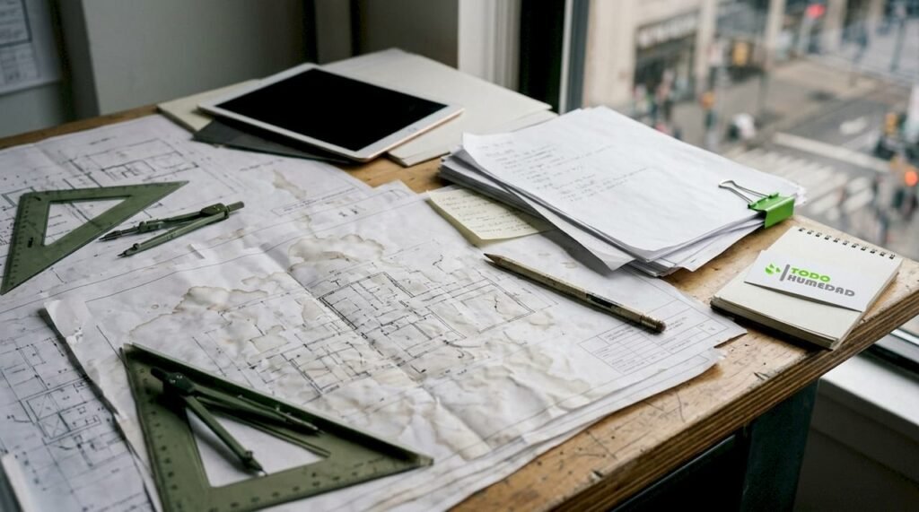 Plano de arquitectura sobre una mesa de trabajo, con huellas de humedad visibles en el papel