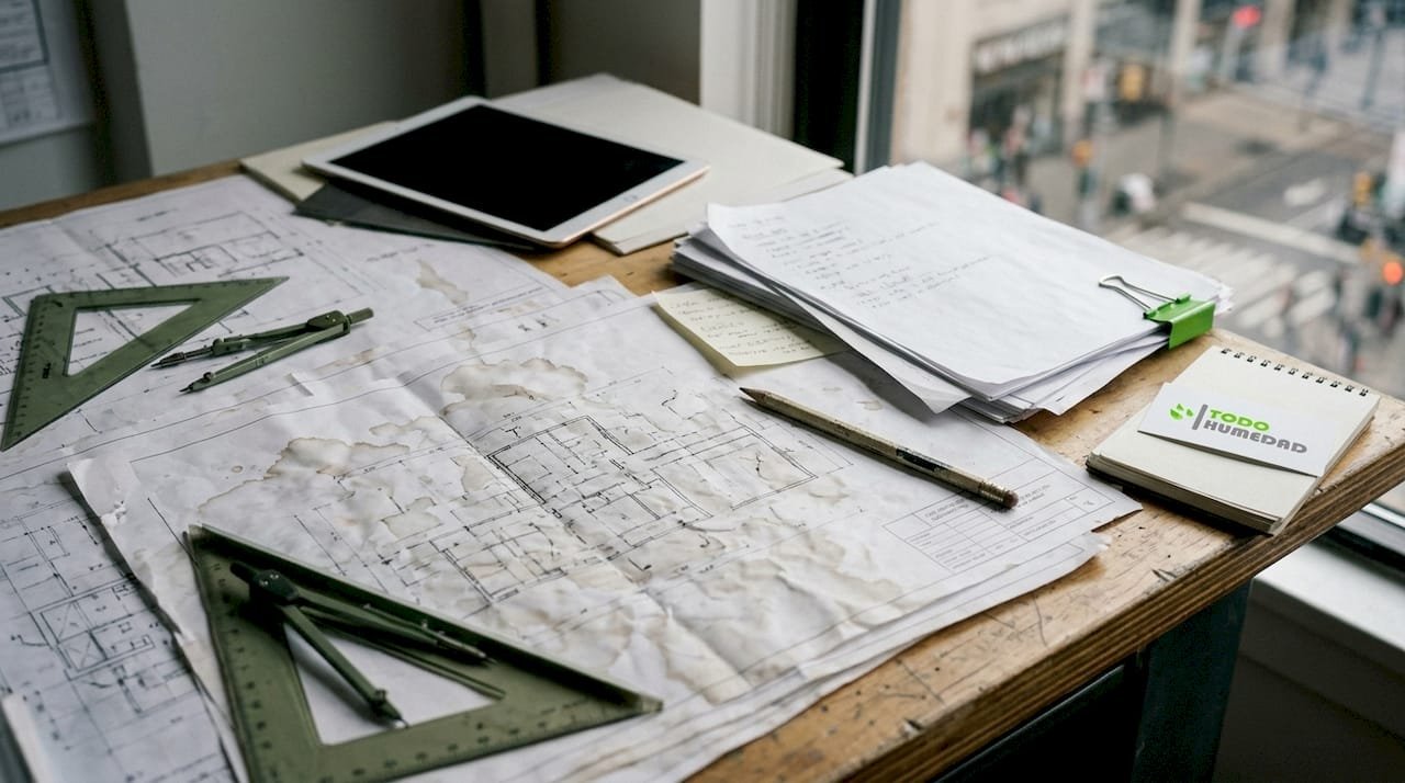 Plano de arquitectura sobre una mesa de trabajo, con huellas de humedad visibles en el papel