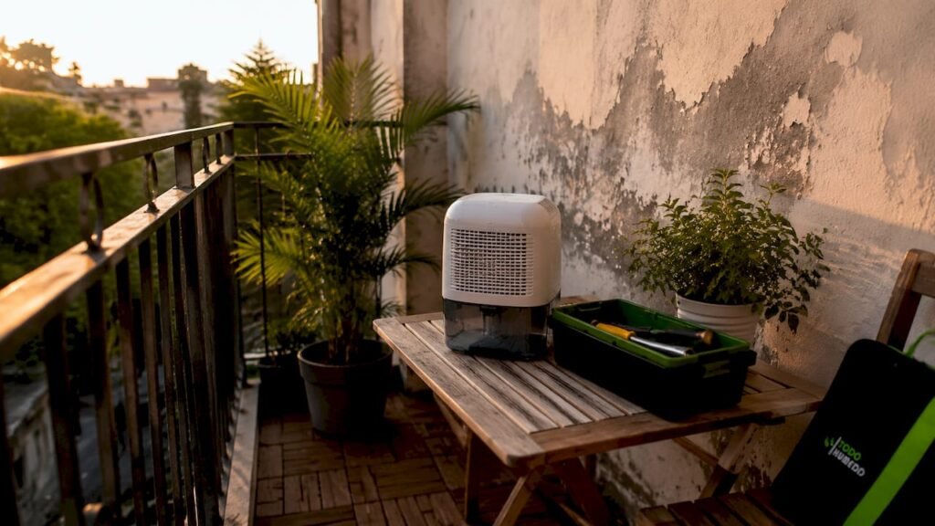 Habitación con manchas de humedad y utensilios para arreglos