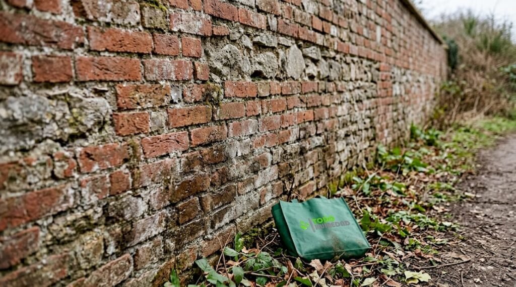 Detalle de una pared de ladrillo con manchas de humedad claramente visibles