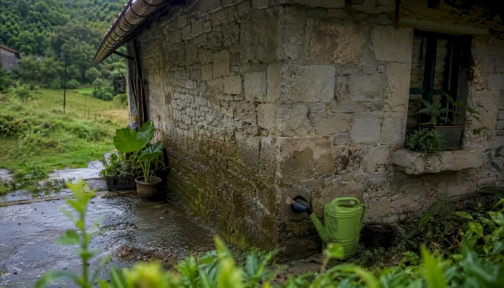 Fachada de una casa rural de piedra con manchas de humedad visibles