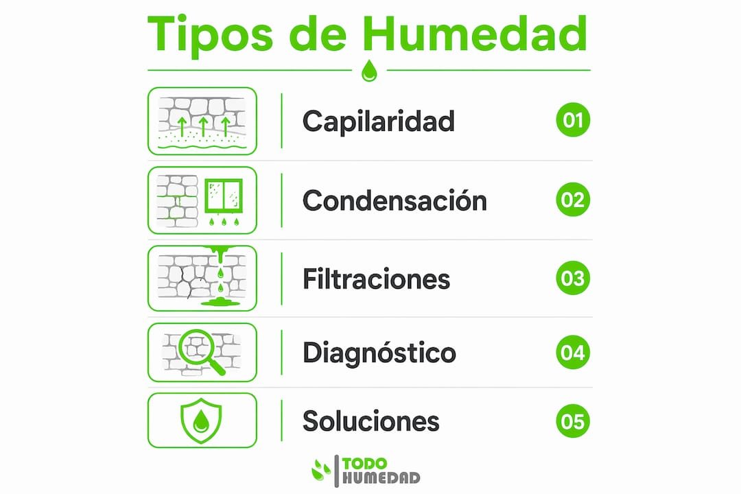 Infografía sobre las distintas formas de humedad en casas rurales y cómo prevenirlas o solucionarlas.