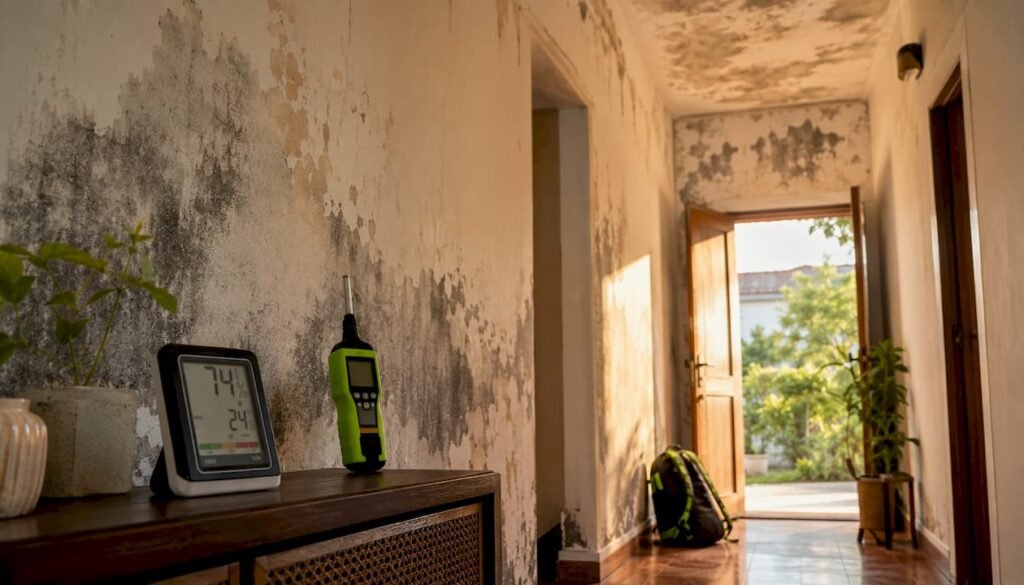 Herramientas apoyadas junto a una pared con marcas de humedad